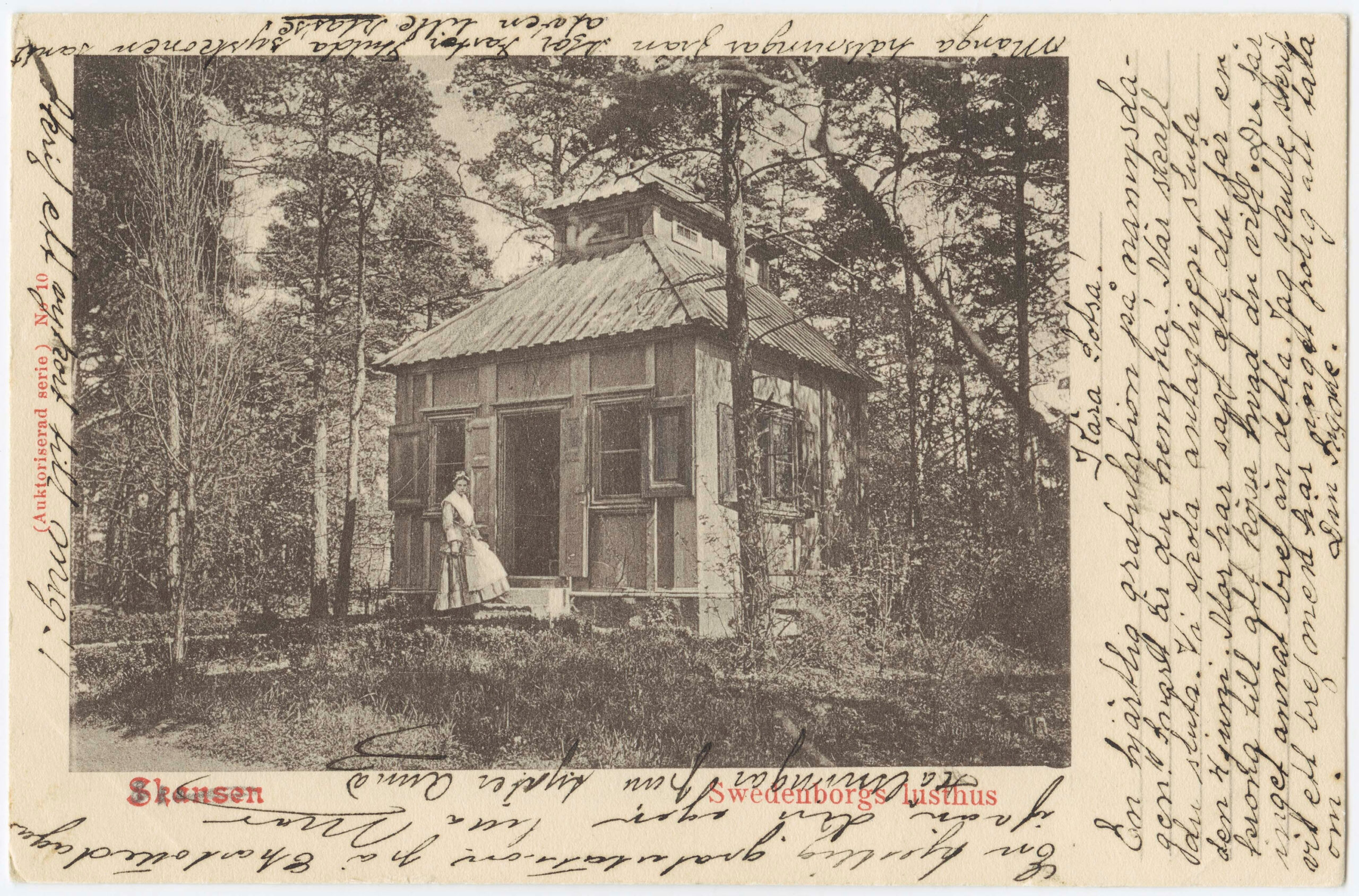 Vykort med motiv från Skansen, Swedenborgs lusthus, ca 1896–1909