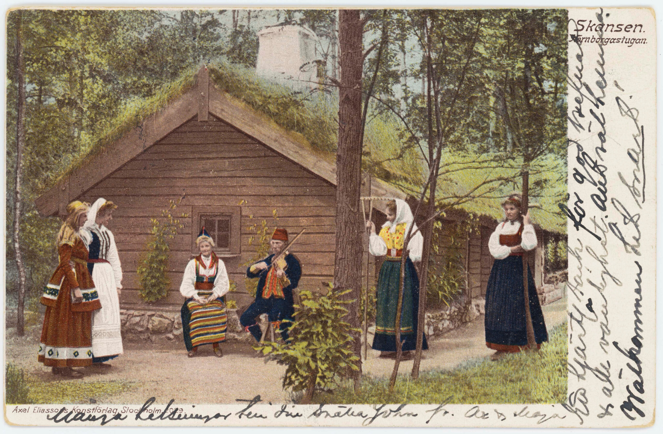 Vykort med motiv från Hornborgastugan på Skansen, 1898–1903
