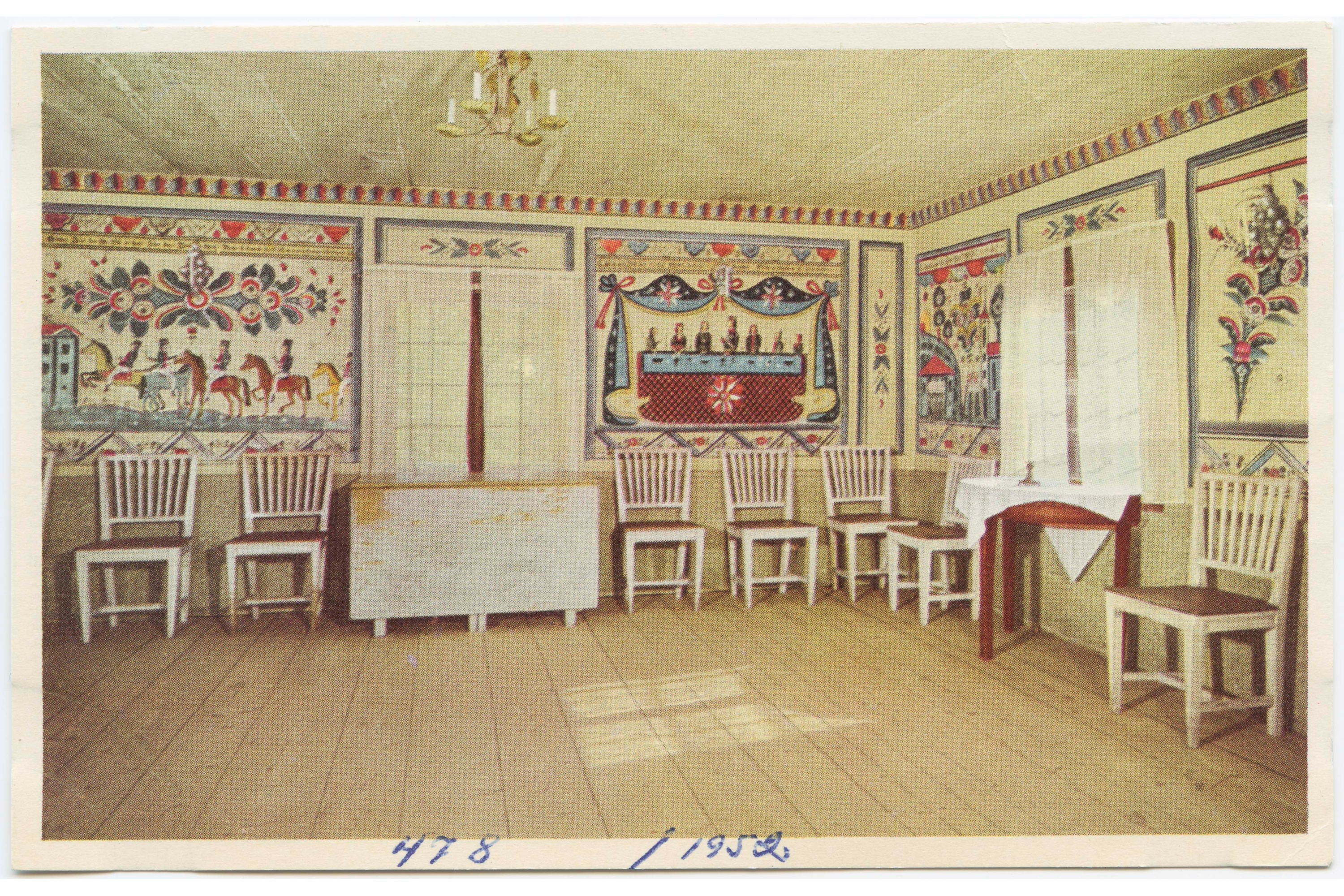 Vykort med motiv från Västerängsstugan, Delsbogården på Skansen, 1952