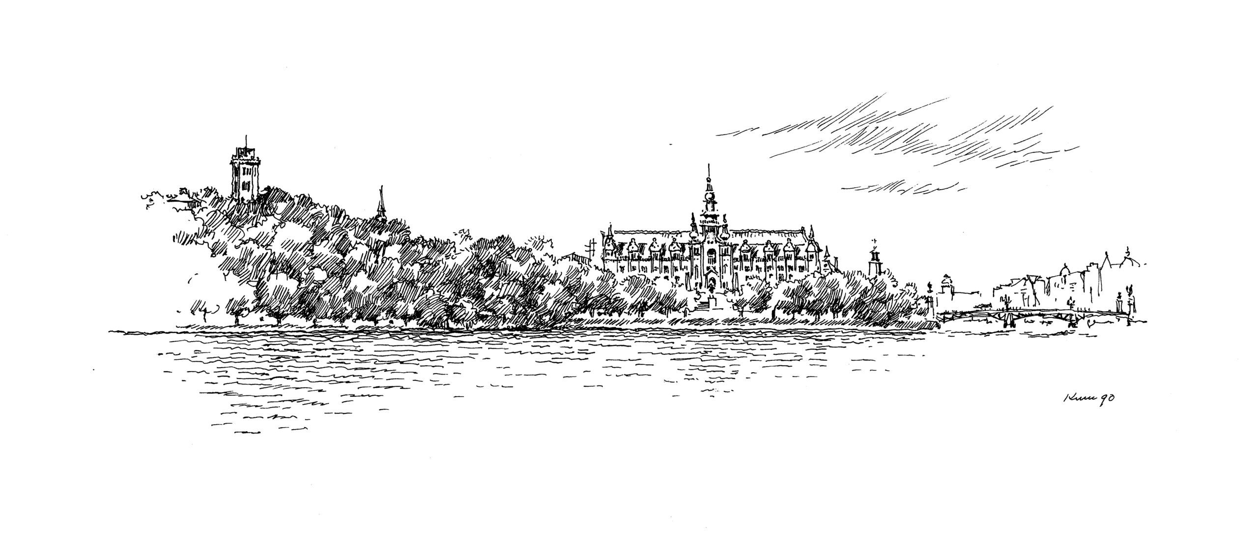 Illustration av Skansen och Nordiska museet av konstnären Bertil Kumlien (1919-2012).